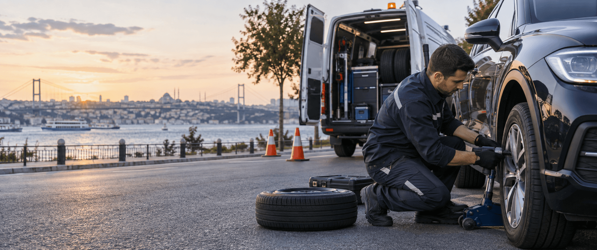 Mobil lastikçi ekibinin yol kenarında lastik müdahalesi